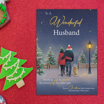 Husband Christmas Card from Wife – Gold Foil Romantic Festive Winter Scene - Large 22 x 15.5 cm - Husband Xmas Card with Inside Greeting - Made in the UK