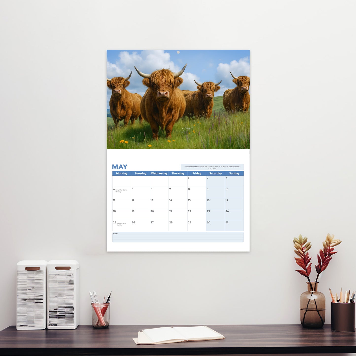 2026 Calendar, Highland Cow Wall Calendar UK, A3 Month-to-View (Jan 2026 – Dec 2026), Eco-Friendly, A3 Size When Open, Made in the UK