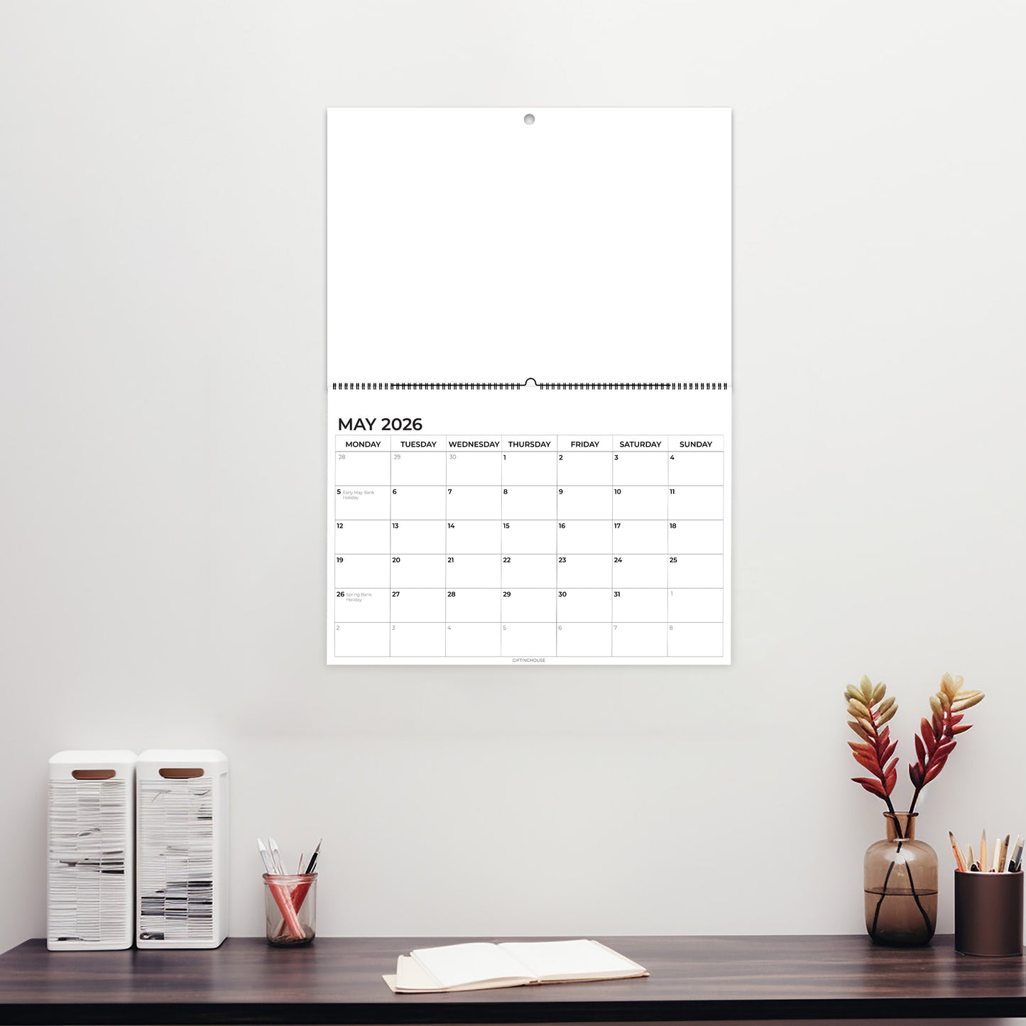Wall Calendar 2026 - A4 2026 Calendar UK Month-to-View (Jan - Dec) - Twin-Wire Binding, Hanging Hook - For Family planner, Office, Student - Made in the UK
