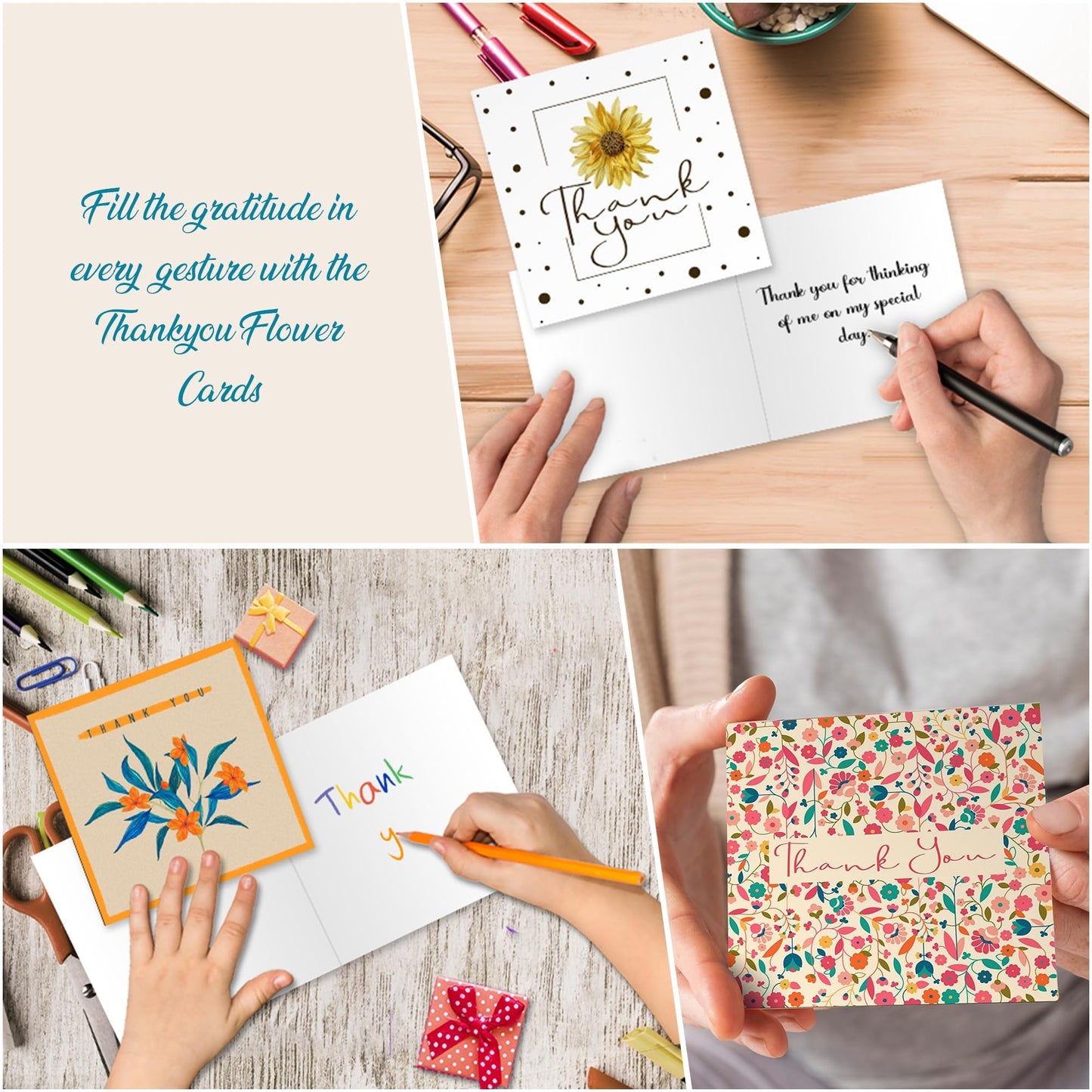Giftinghouse 24/48 Thank You Cards Multipack with Envelopes - 6 Flower Designs Envelopes - Greeting cards for teachers, small business, wedding, kids Fully recyclable and Eco-friendly.