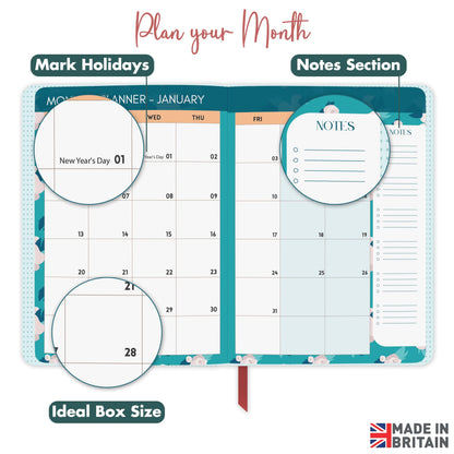 Giftinghouse 2025 Diary A5 Week to View – Glossy Front Round Corners From Jan to Dec 2025 - Diary 2025 with Matching Box - Floral Design, Pocket and Pen Loop. - 15.5 x 21.5 cm