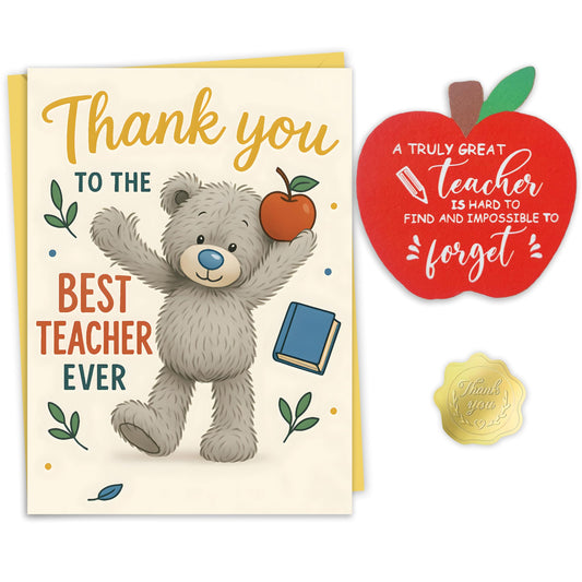 Thank You Teacher Gifts for Women & Men – Best Teacher Thank You Card with Wooden Apple Coaster and Embossed Sticker – End of Year, Leaving or Retirement Gift for Teachers – Made in the UK