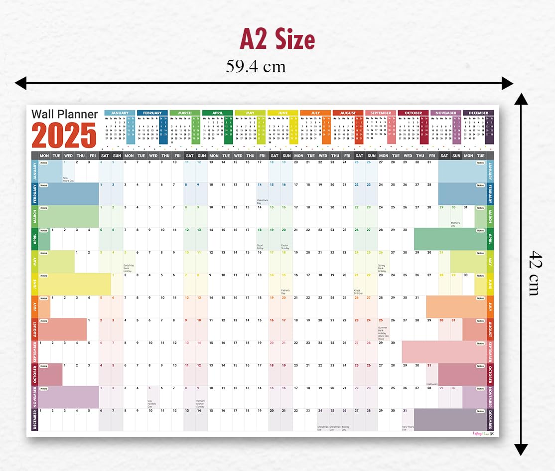2025 Wall Planner A2 Laminated - Full Year Wall Planner 2025 UK - Wall Calendar 2025 with mount stickers for academic, office, home and school by (42 x 59.4 cm) - A2 size.