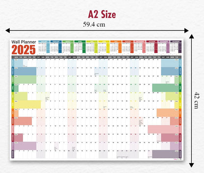 2025 Wall Planner A2 Laminated - Full Year Wall Planner 2025 UK - Wall Calendar 2025 with mount stickers for academic, office, home and school by (42 x 59.4 cm) - A2 size.