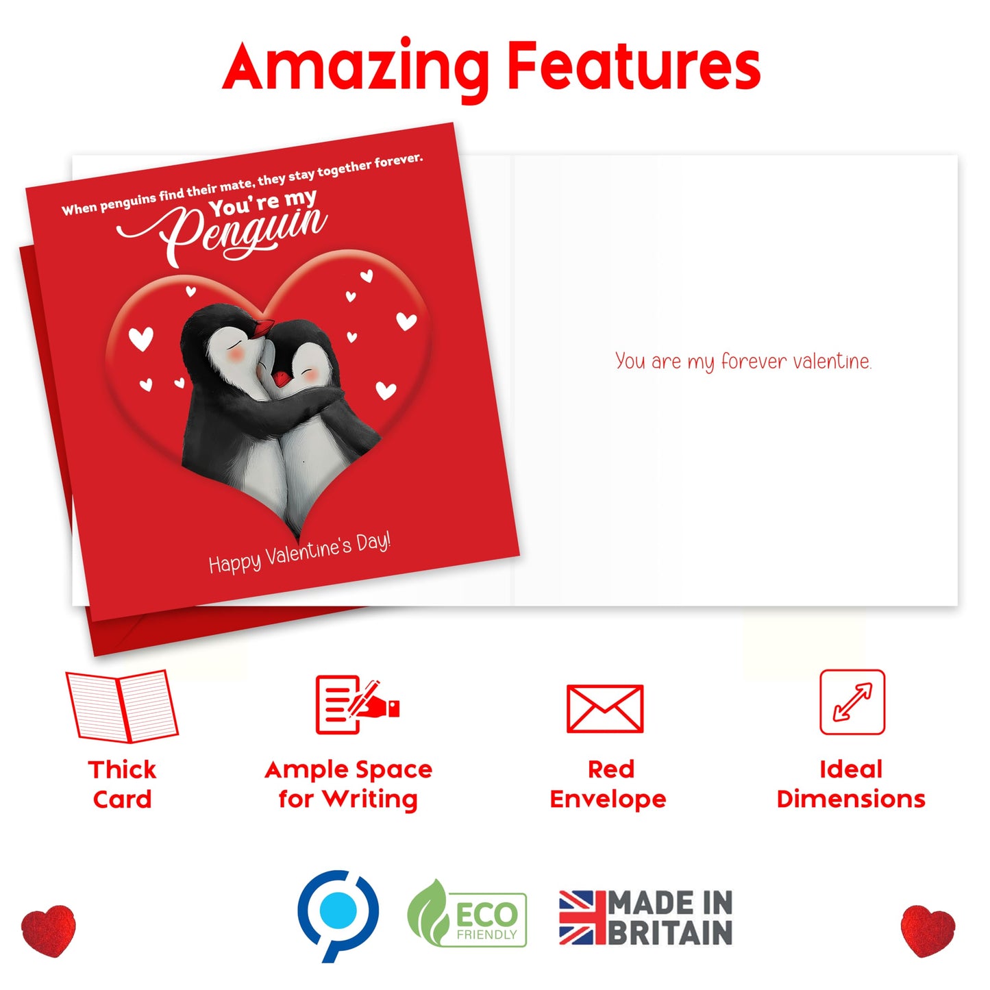 Happy Valentines Day Card – You're My Penguin – Eco-Friendly 15x15 cm – Valentines Card for him, Valentines Card Wife, her, Husband, or Fiancé – Premium 350 GSM – Made in the UK