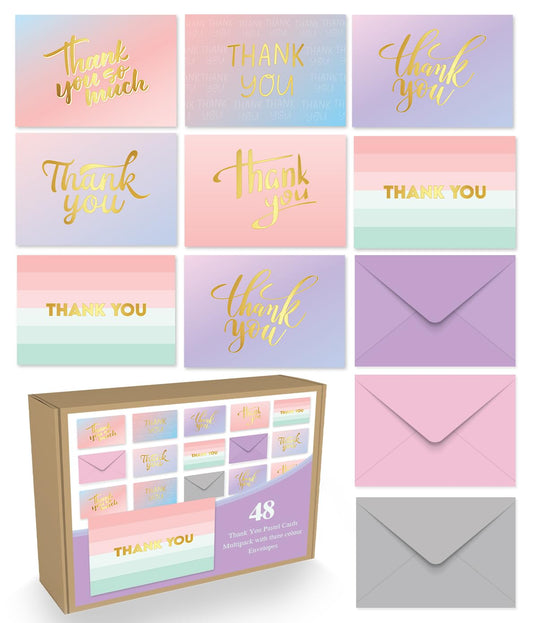 Giftinghouse 3D Foil Thank You Cards Multipack with Envelopes - Embossed Foil Greeting Cards for Wedding, Kids, Teachers, Notes and Gifts (48 PACKS)