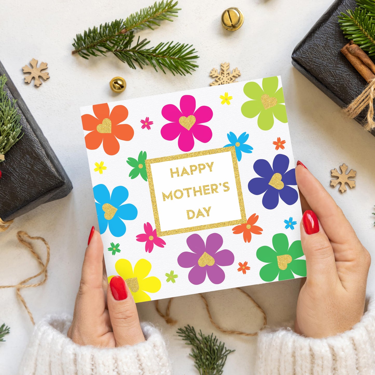 Mothers Day Card for Mum | Gold Foiling with Floral Petal Design, Embossed Sticker & Envelope | Happy Mother’s Day Card from Son or Daughter | 15x15 cm – Eco-Friendly 350 GSM - Made in the UK