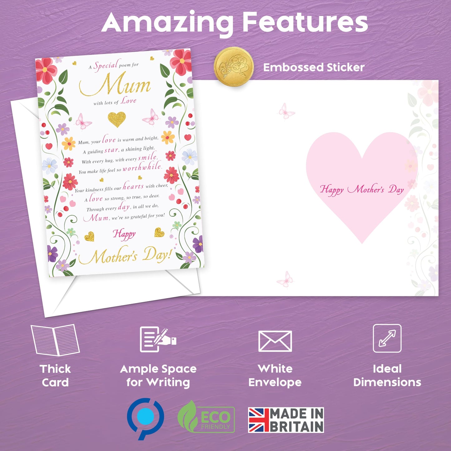 Traditional Mother's Day Card for Mum | Gold Foil card with Special poem for Mum | Happy Mothers Day Card from Daughter or Son | 22x15.5 cm | Eco-Friendly 350 GSM - Embossed Seal | Made in the UK