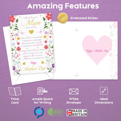 Traditional Mother's Day Card for Mum | Gold Foil card with Special poem for Mum | Happy Mothers Day Card from Daughter or Son | 22x15.5 cm | Eco-Friendly 350 GSM - Embossed Seal | Made in the UK