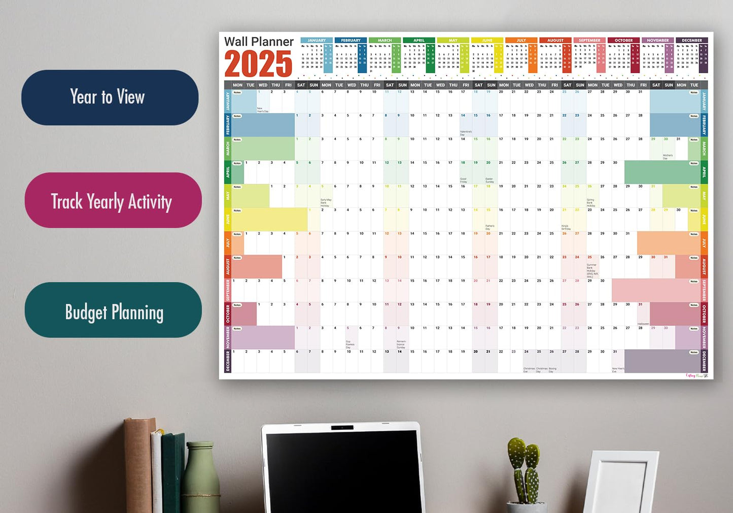 2025 Wall Planner A2 Laminated - Full Year Wall Planner 2025 UK - Wall Calendar 2025 with mount stickers for academic, office, home and school by (42 x 59.4 cm) - A2 size.