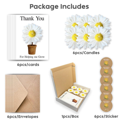Thank You Teacher Gifts for Women – 6 Handmade Daisy-Shaped Candle with Thank You Post Cards & Stickers – Ideal for Nursery, End of Year, Leaving, Graduation, Retirement or Christmas Gifts for Teacher