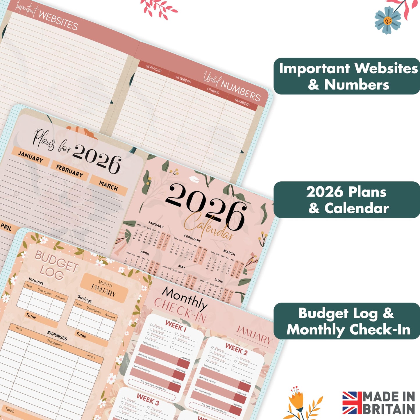 Giftinghouse 2025 Diary A5 Week to View – Glossy Front Round Corners From Jan to Dec 2025 - Diary 2025 with Matching Box - Floral Design, Pocket and Pen Loop. - 15.5 x 21.5 cm