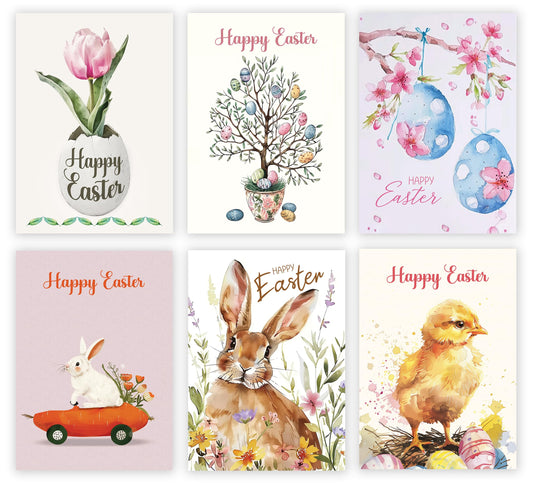 Giftinghouse Easter Cards Multipack of 12 - Happy Easter Cards with Envelopes Featuring 6 Unique Mixed Designs, Eco-friendly Blank Inside Greeting Card for kids