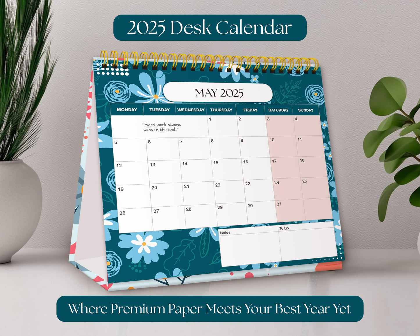 Luxury Desk Calendar 2025-2025 Desk Calendar UK from Jan to Dec. 2025, Month to view desk top flip over calendar with 12 Notes Pages.