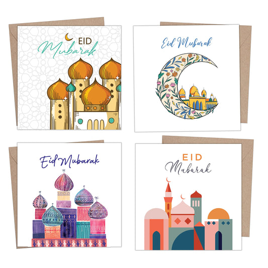 Giftinghouse Eid Cards Pack of 4 with envelopes - Eid Mubarak Cards multipack greetings cards - Eco Friendly card for kids and Family