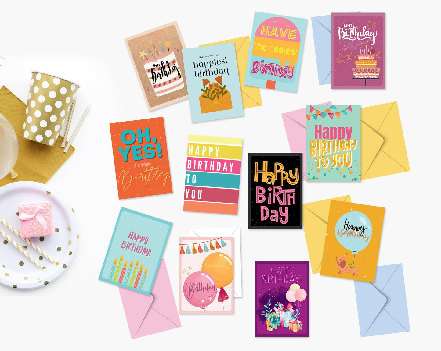 Giftinghouse Birthday Cards Multipack With Multi Coloured Envelopes, Pack of 24/48 Assorted Designs Ecofriendly Birthday cards for Women, Men & kids -Bulk Happy Birthday Notes – Made in UK.