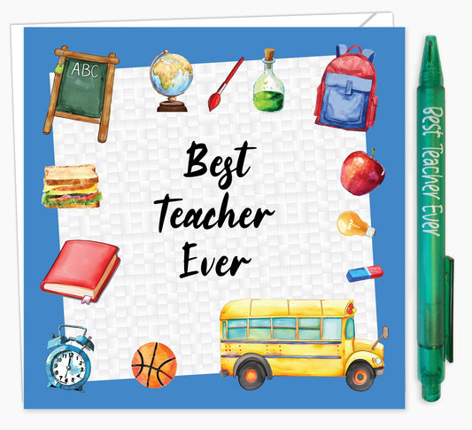Teacher Thank You Card with Pen - Thank You Teacher Gifts for Women and Men " Best Teacher Ever" - Made in the UK