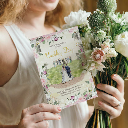 Wedding Card for Bride and Groom – Large 22 x 15.5cm – Wedding Day Card with Gold Foil Finish and Embossed Sticker – Elegant Floral Design with Inside Message – Made in the UK