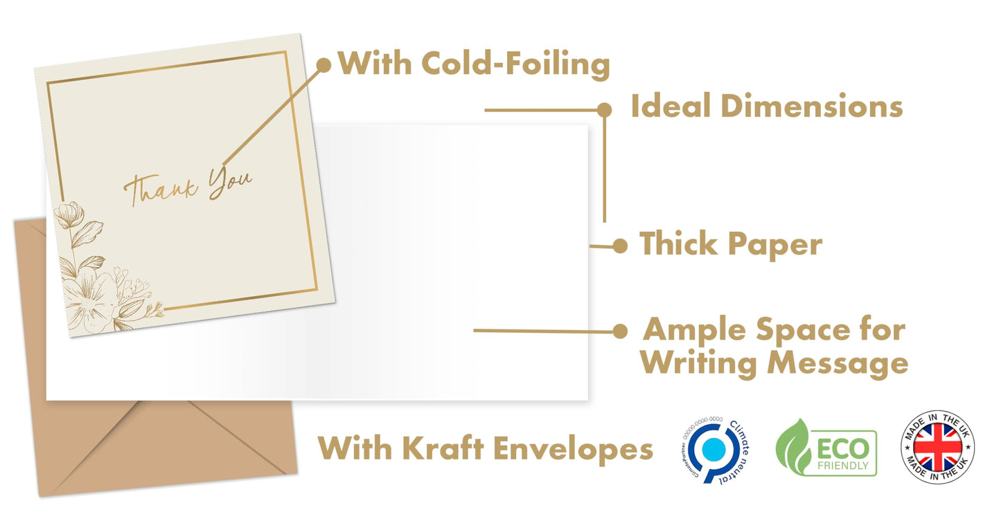 10 Cold-Foiled Thank You Cards Multipack with Envelopes - Elegant Design Thank You Greeting Cards for Teachers, Kids - Fully Recyclable and Eco-Friendly - 300 GSM