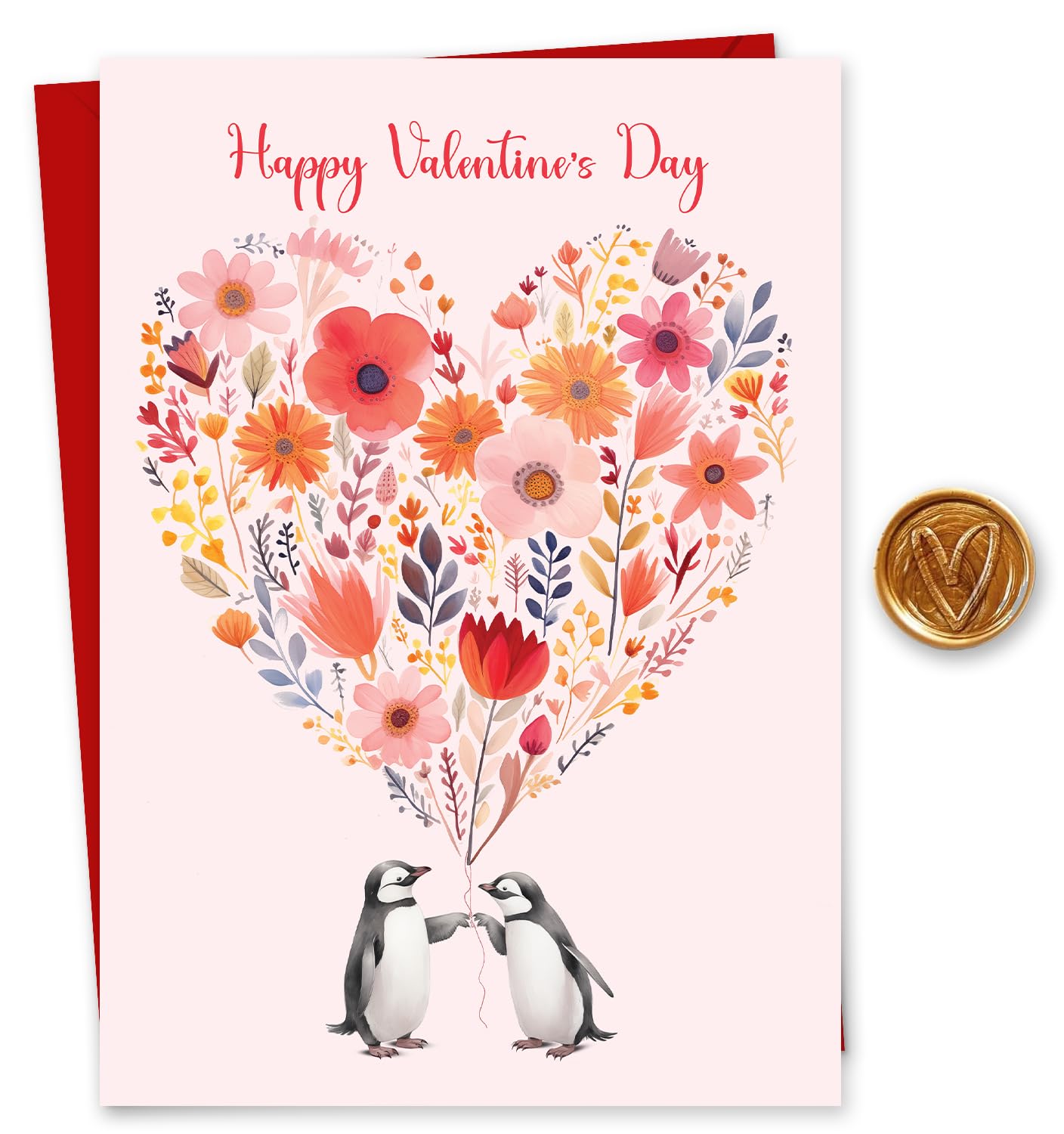 Giftinghouse Valentines Card - A5 Large Embossed Happy Valentines day card with Wax Seal for husband, him, boyfriend, fiancee, wife, her - Floral heart - 350 GSM - MADE IN UK.