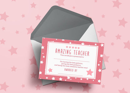 1/6 Premium Thank You Teacher Cards - Certificate for Amazing Teacher- Women Men Appreciation - Leaving Presents for Best, Nursery Teacher