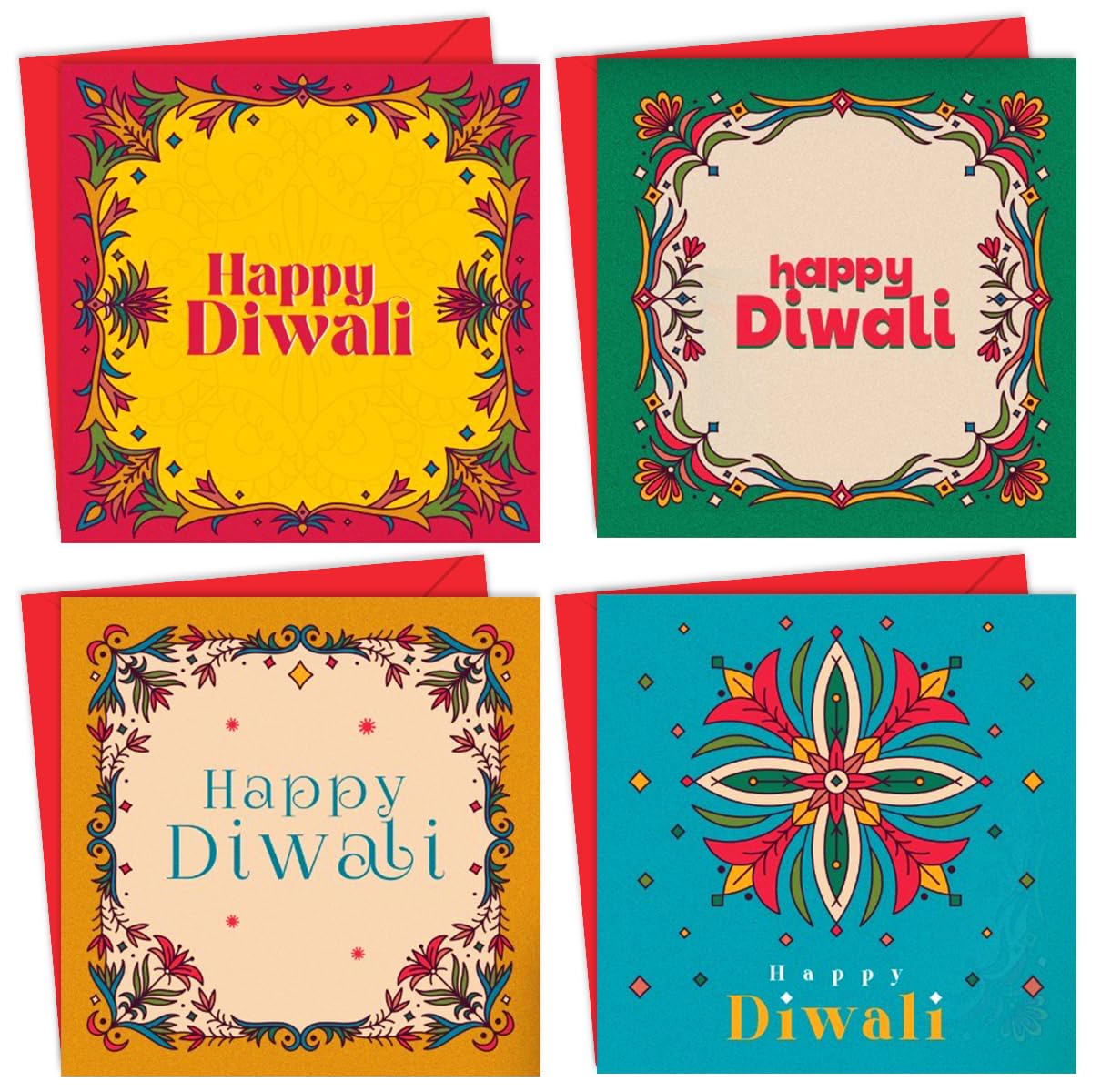 Giftinghouse Premium Diwali Cards Multipack with Envelopes - 8/12 Pcs of Happy Diwali Cards – Eco-Friendly, Luxury Greeting Cards with Red Envelopes for decorations, family, friends