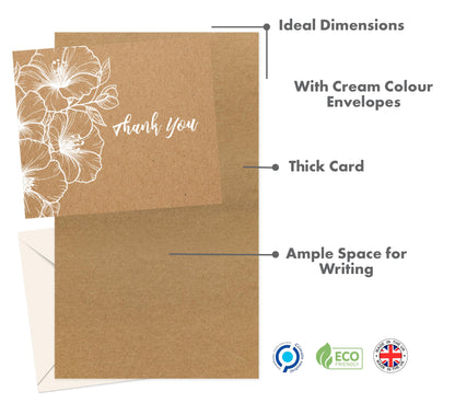 Giftinghouse Thank You Cards Multipack with Envelopes - Pack of 24/36 Kraft Thank You Greeting Cards For Wedding, Teachers, Kids, Christmas - Eco-friendly - MADE IN UK.