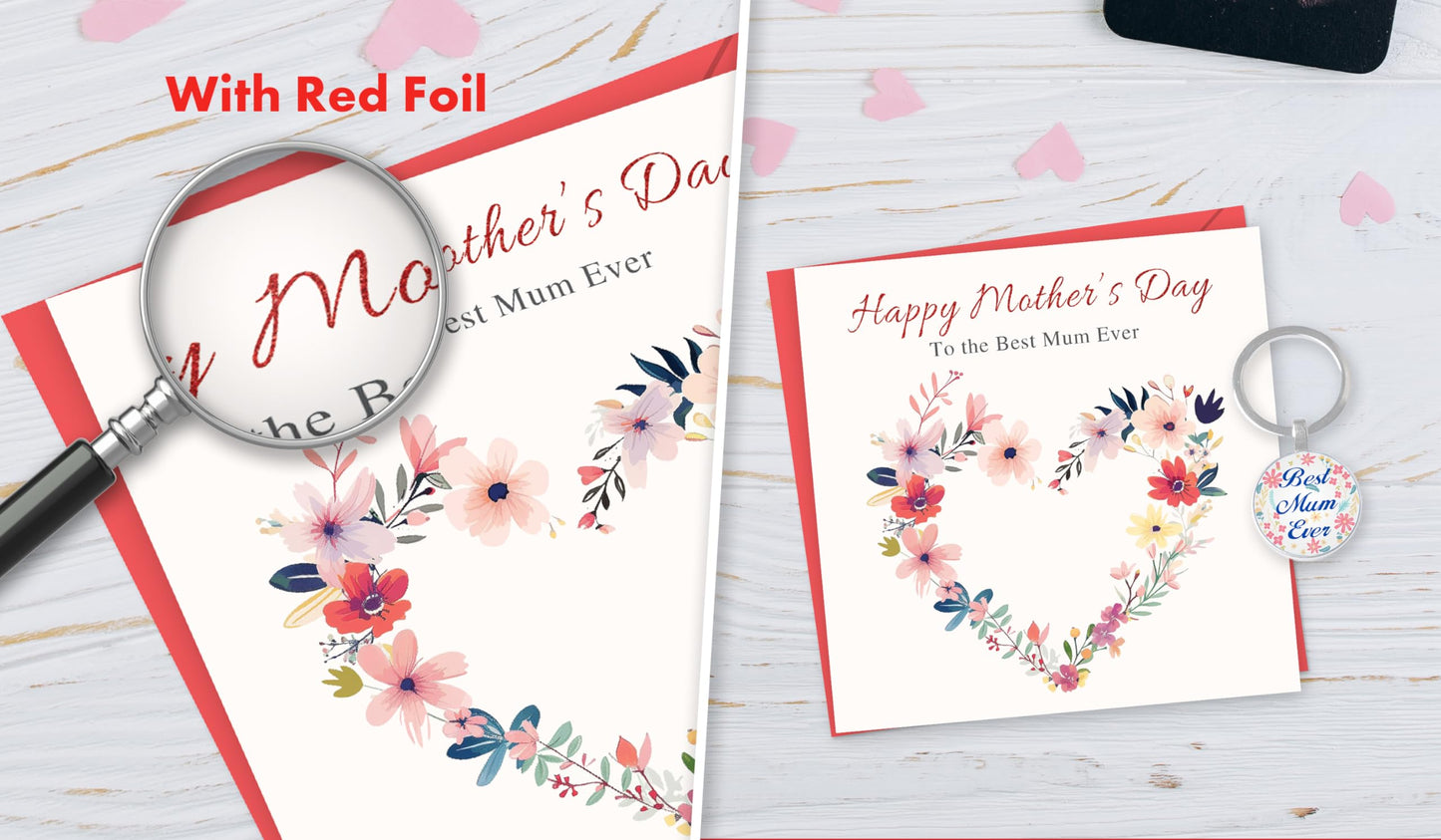 Giftinghouse Foiled Happy Mothers day card for mum with keyring and envelope - Flower design mother's day card from daughter, son - Mothers day gift set for grandma, nanny - MADE IN UK (Pack of 2)