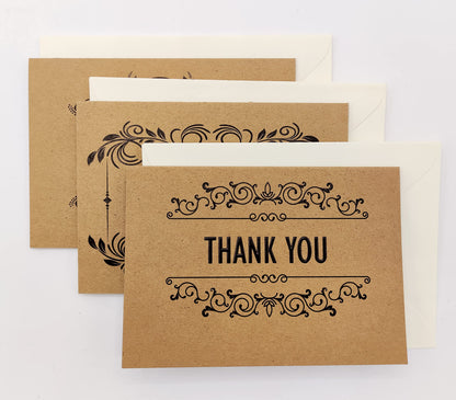 24/36 Thank You Cards Foiled Pack, Thank You Cards Multipack with envelopes and stickers for Christmas, Kids, Weddings, Graduation, Ivory coloured Paper envelopes, Kraft greeting cards are 150 X 100mm by Giftinghouse.