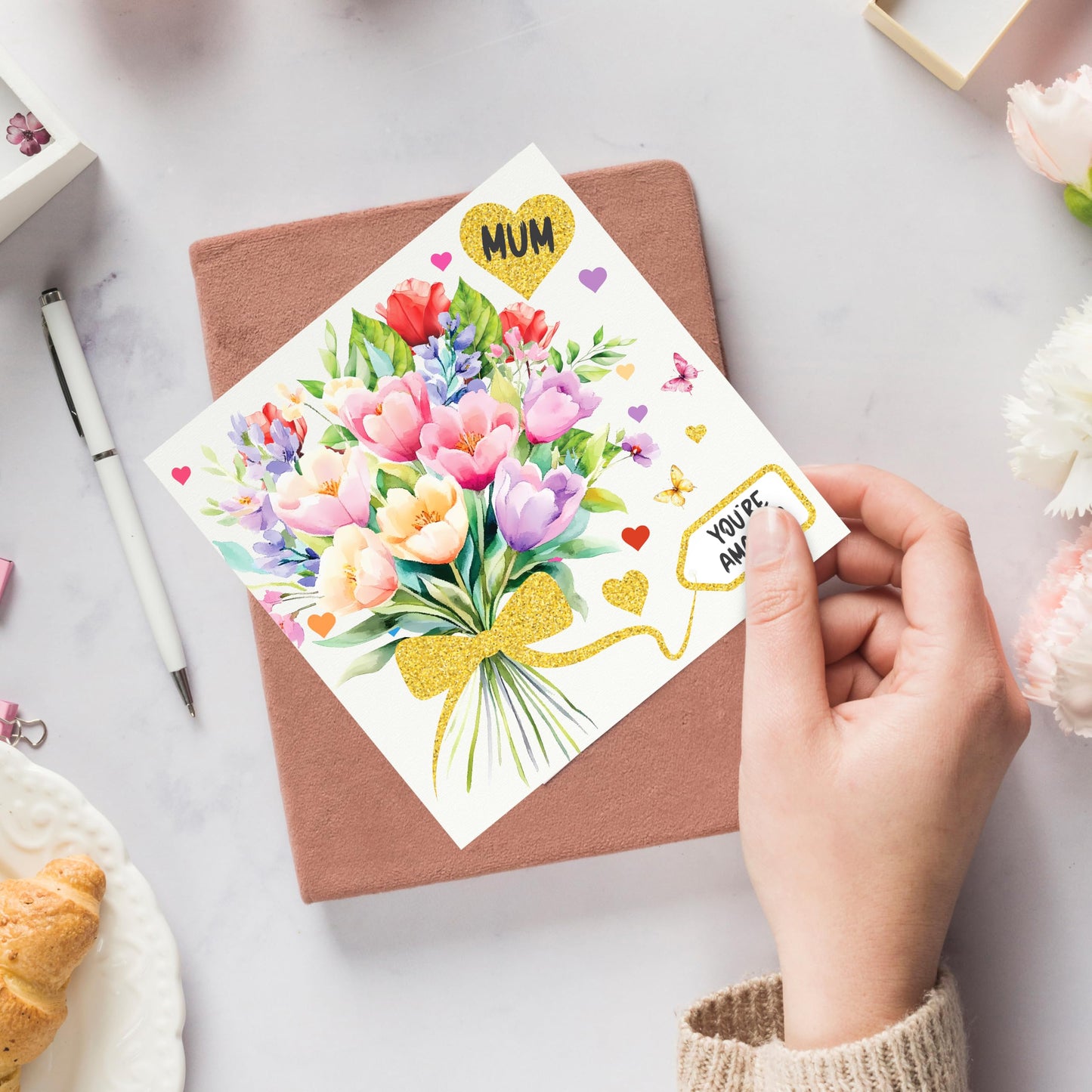 Gold Foil Mothers Day Card for Mum with Envelope | Elegant Floral Design | Happy Mother’s Day Card from Daughter or Son | 15x15 cm – Eco-Friendly 350 GSM - Made in the UK