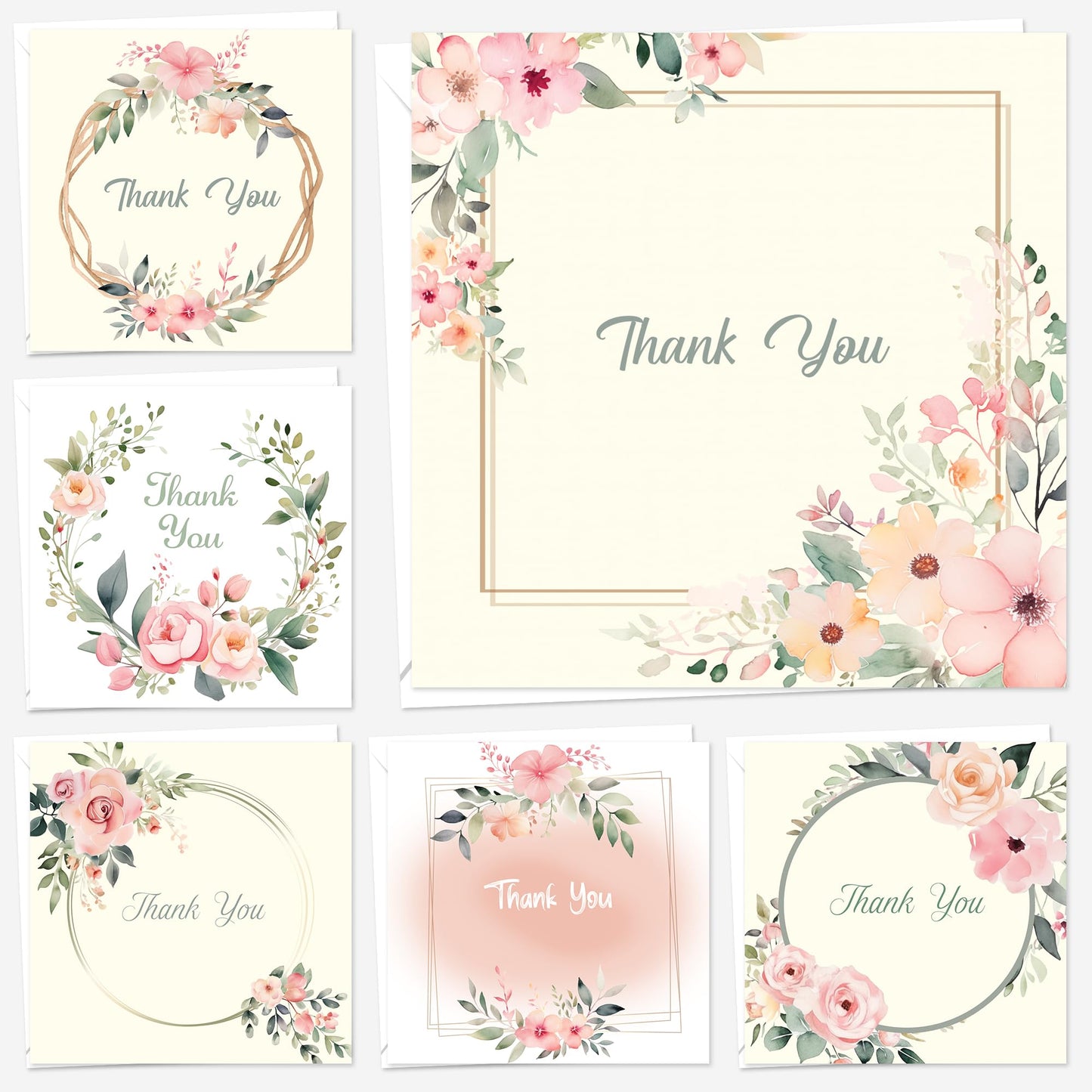 Giftinghouse Thank You Cards Multipack with Envelopes - Pack of 12/24/48 Floral Thank You Greeting Cards For Wedding, Teachers, Kids - Eco-friendly - MADE IN UK.
