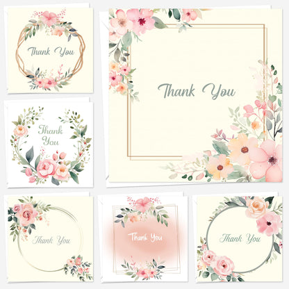 Giftinghouse Thank You Cards Multipack with Envelopes - Pack of 12/24/48 Floral Thank You Greeting Cards For Wedding, Teachers, Kids - Eco-friendly - MADE IN UK.