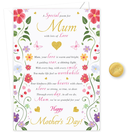 Traditional Mother's Day Card for Mum | Gold Foil card with Special poem for Mum | Happy Mothers Day Card from Daughter or Son | 22x15.5 cm | Eco-Friendly 350 GSM - Embossed Seal | Made in the UK