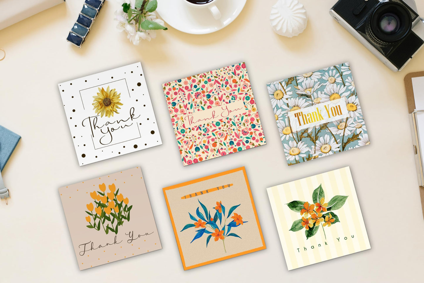 Giftinghouse 24/48 Thank You Cards Multipack with Envelopes - 6 Flower Designs Envelopes - Greeting cards for teachers, small business, wedding, kids Fully recyclable and Eco-friendly.