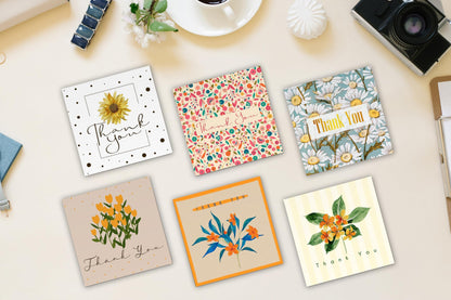 Giftinghouse 24/48 Thank You Cards Multipack with Envelopes - 6 Flower Designs Envelopes - Greeting cards for teachers, small business, wedding, kids Fully recyclable and Eco-friendly.