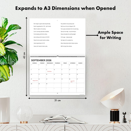 18 Month Calendar 2025-2026 - A4 Wall Calendar UK - A3 When Opened - 42x31cm from July 2025 to December 2026 – Month-to-View Planner with Notes Pages for Each Month.