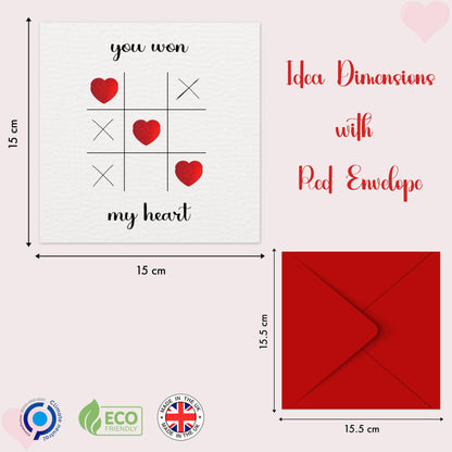 Valentines day card – You Won My Heart – Red Foil Heart Design – Eco-Friendly 150 x 150mm – Perfect Valentines Card for Him, Her, Husband, Wife, or Fiancé – Premium 350 GSM – Made in the UK