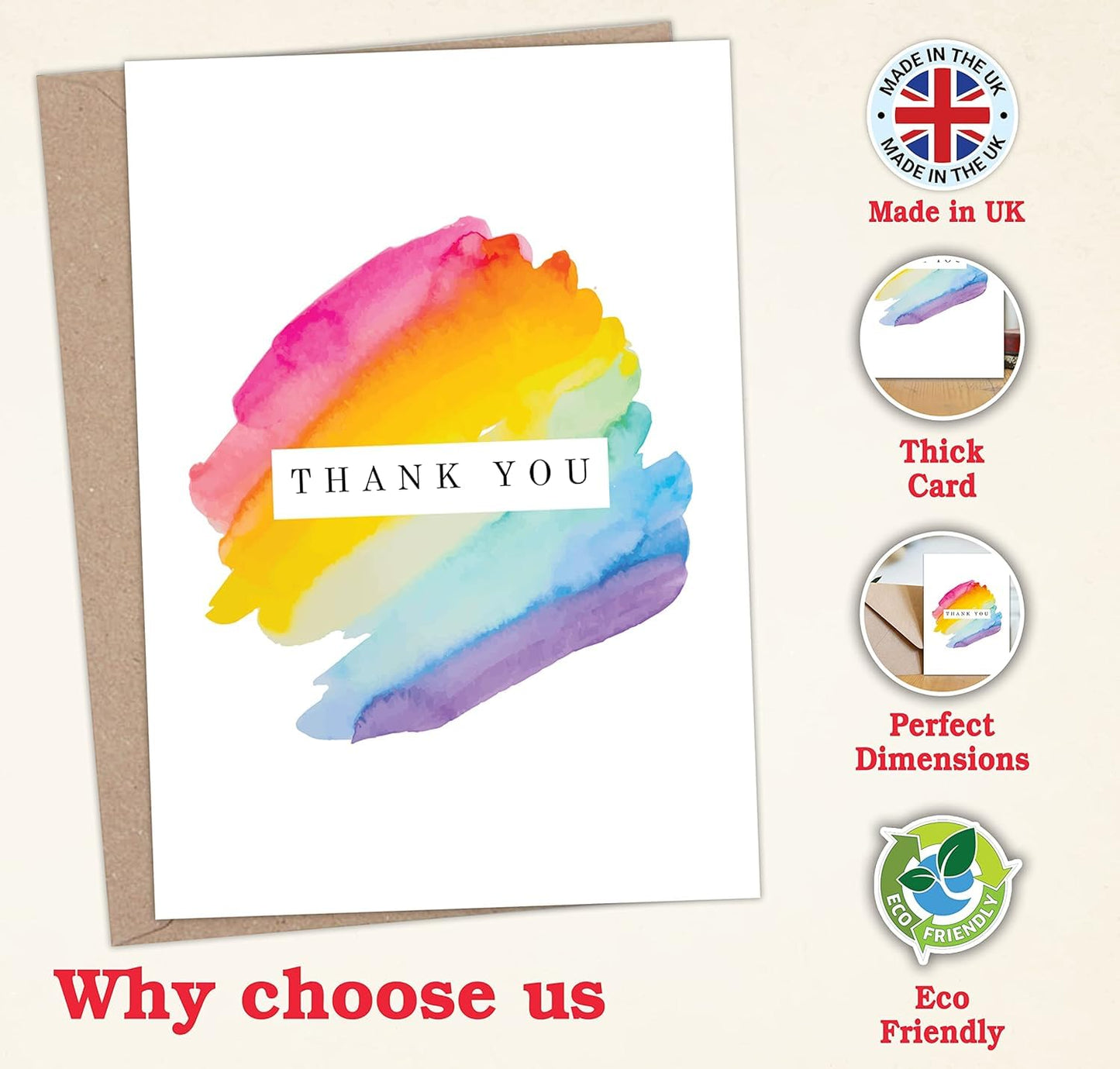 12 Thank You Cards Multipack with Envelopes - 12 Unique Watercolour and Rainbow Designs, thank you teacher cards - Greating cards for Kids, Christmas - Made in UK.