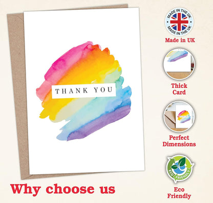 12 Thank You Cards Multipack with Envelopes - 12 Unique Watercolour and Rainbow Designs, thank you teacher cards - Greating cards for Kids, Christmas - Made in UK.