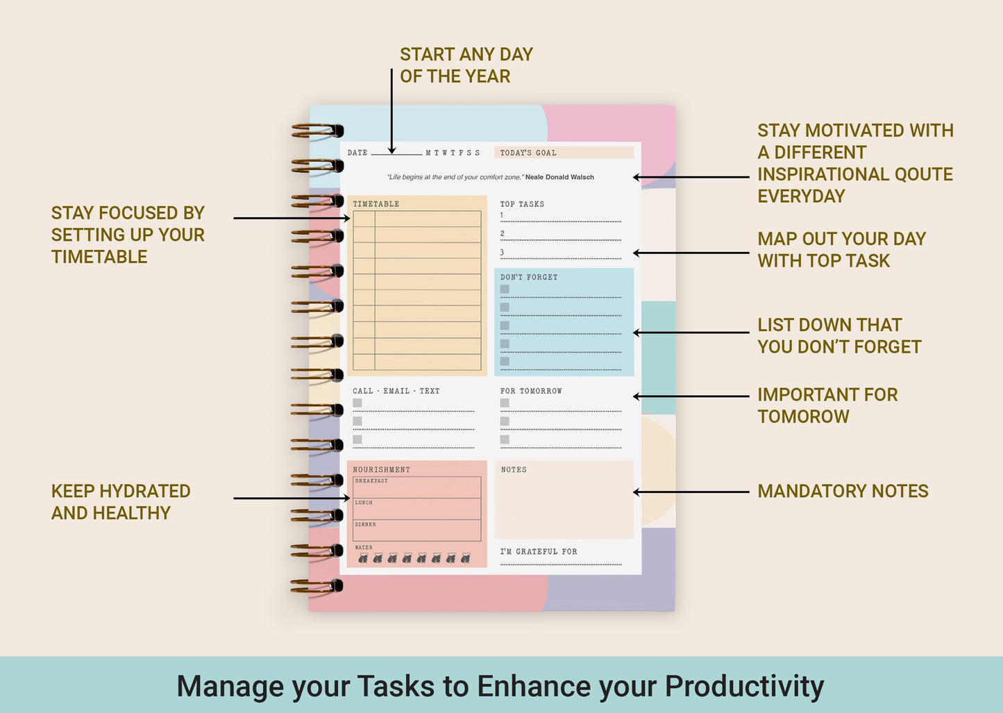 Giftinghouse Daily Planner Notebook Undated - To do list Notebook A5 - Weekly planner with Habit & Routine Tracker - Productivity Planner, Spiral Appointment Planner for Men and Women, Elastic Closure.