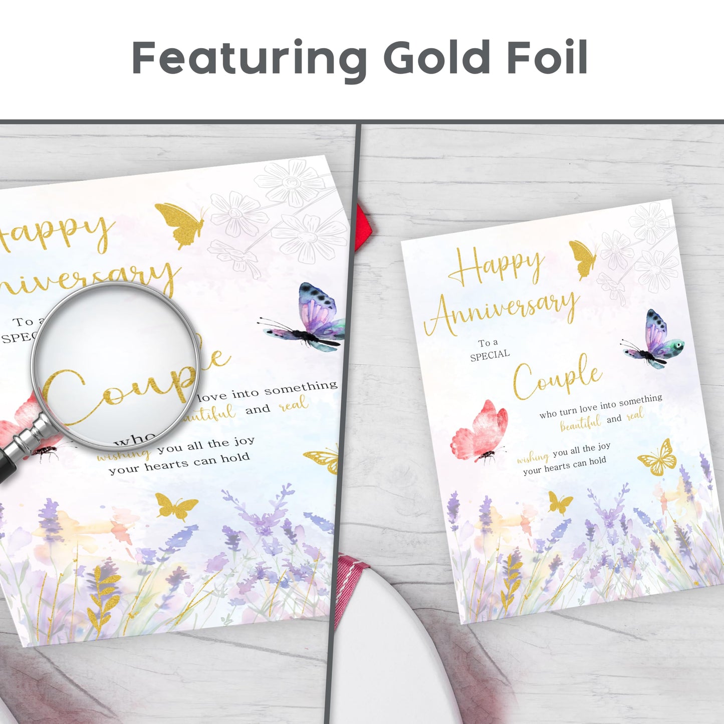 Happy Anniversary Card for Couple – Elegant Gold Foil Butterfly Design with Sticker – Large 22 x 15.5 cm with Inside Message – Wedding Anniversary Card for a Special Couple – Made in the UK