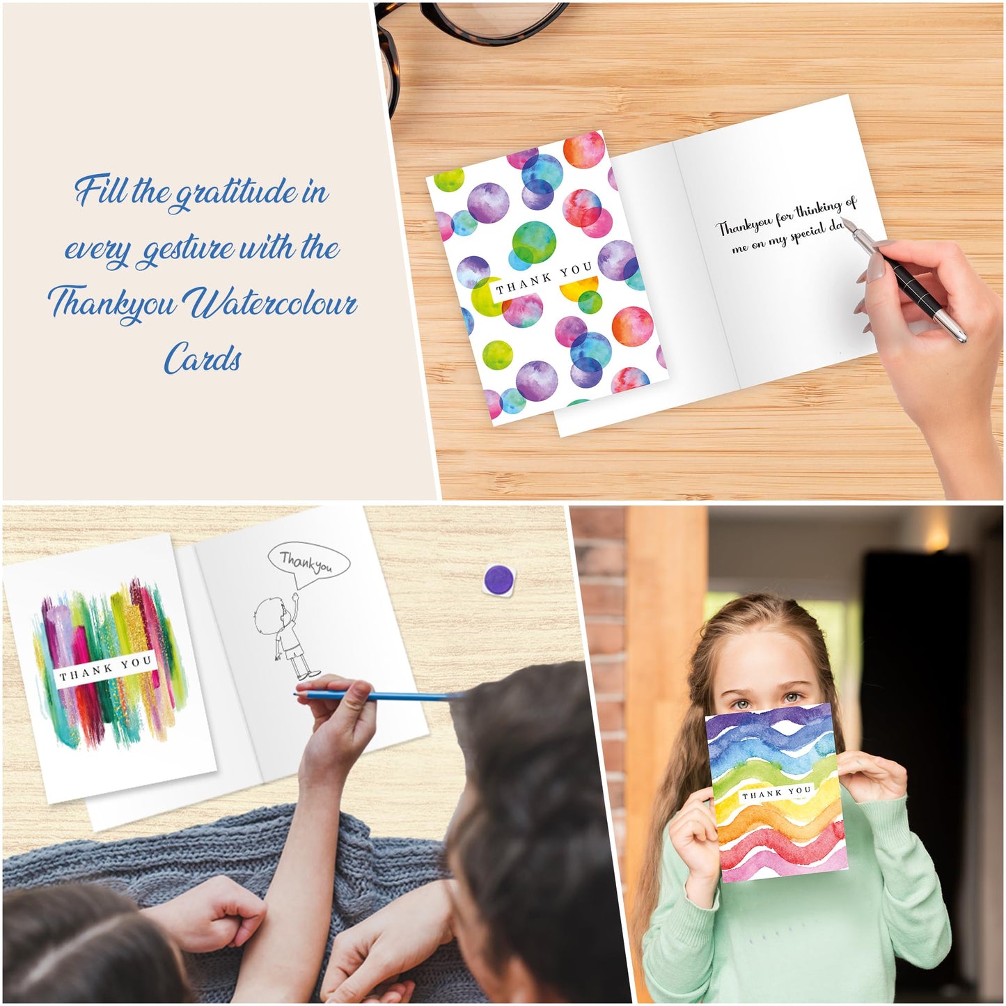 Giftinghouse 48 Thank You Cards Multipack with Envelopes - Watercolour design - Greeting cards for Teachers, weddings, and kids - Fully recyclable and Eco-friendly card