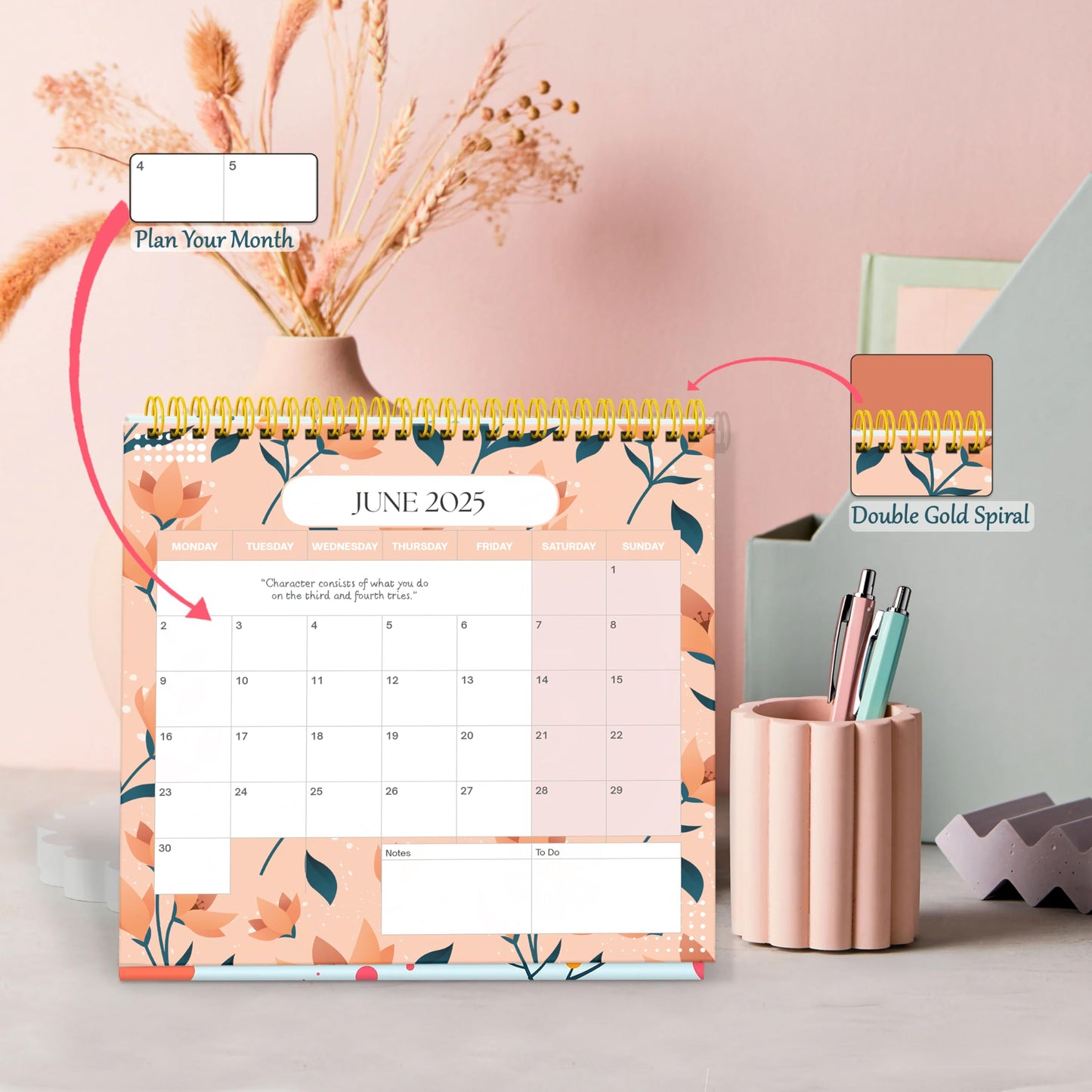 Luxury Desk Calendar 2025-2025 Desk Calendar UK from Jan to Dec. 2025, Month to view desk top flip over calendar with 12 Notes Pages.