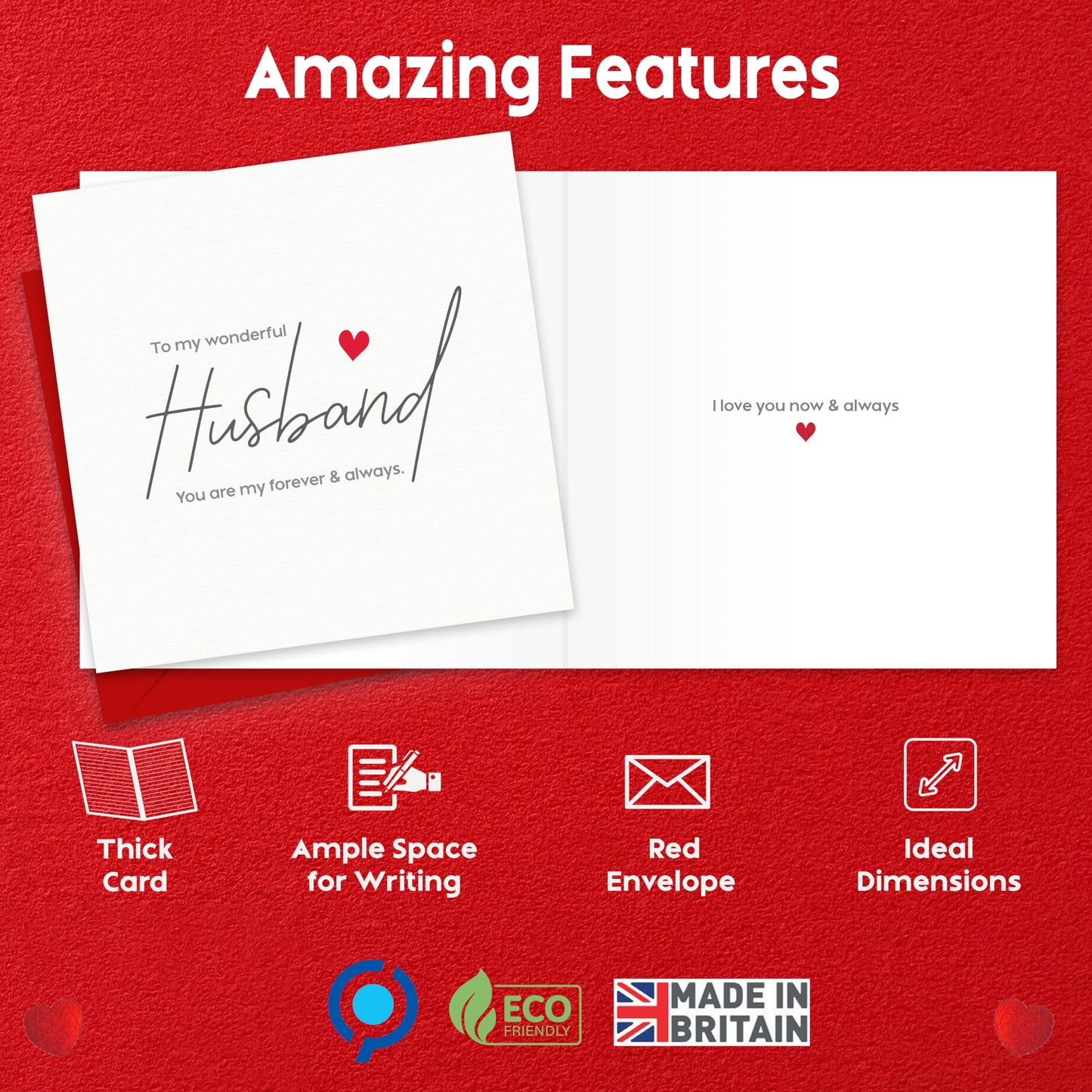 Anniversary Card for Husband – To My Wonderful Husband – Valentines card for him - 15x15cm Ideal Size – Premium 350 GSM – Made in the UK