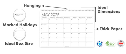 Wall Calendar 2025 - A4 2025 Calendar UK Month-to-View (Jan - Dec 2025) - Twin-Wire Binding, Hanging Hook - For Family planner, Office, Student - Made in the UK