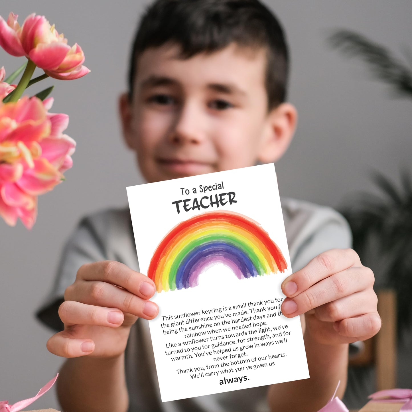 Thank You Teacher Gifts for Women & Men – 3 Pack of Teacher Thank You Card with Sunflower Keyring – End of the year, Leaving, Retirement Gift for Teachers – Rainbow Design – Made in the UK