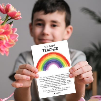 Thank You Teacher Gifts for Women & Men – 3 Pack of Teacher Thank You Card with Sunflower Keyring – End of the year, Leaving, Retirement Gift for Teachers – Rainbow Design – Made in the UK