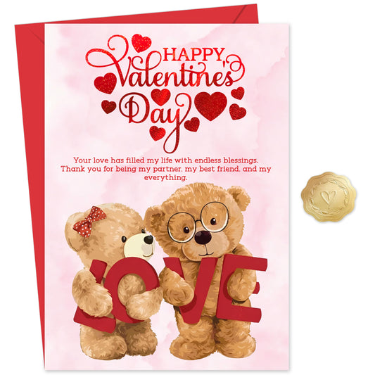 Happy Valentines Day Card – Cute Teddy Bear Design with Romantic Message – Red Foil Large Size card 22 x 15.5 cm – Valentines Card Wife, Valentines Card for Him, Her, Husband, or Fiancé – Premium 350