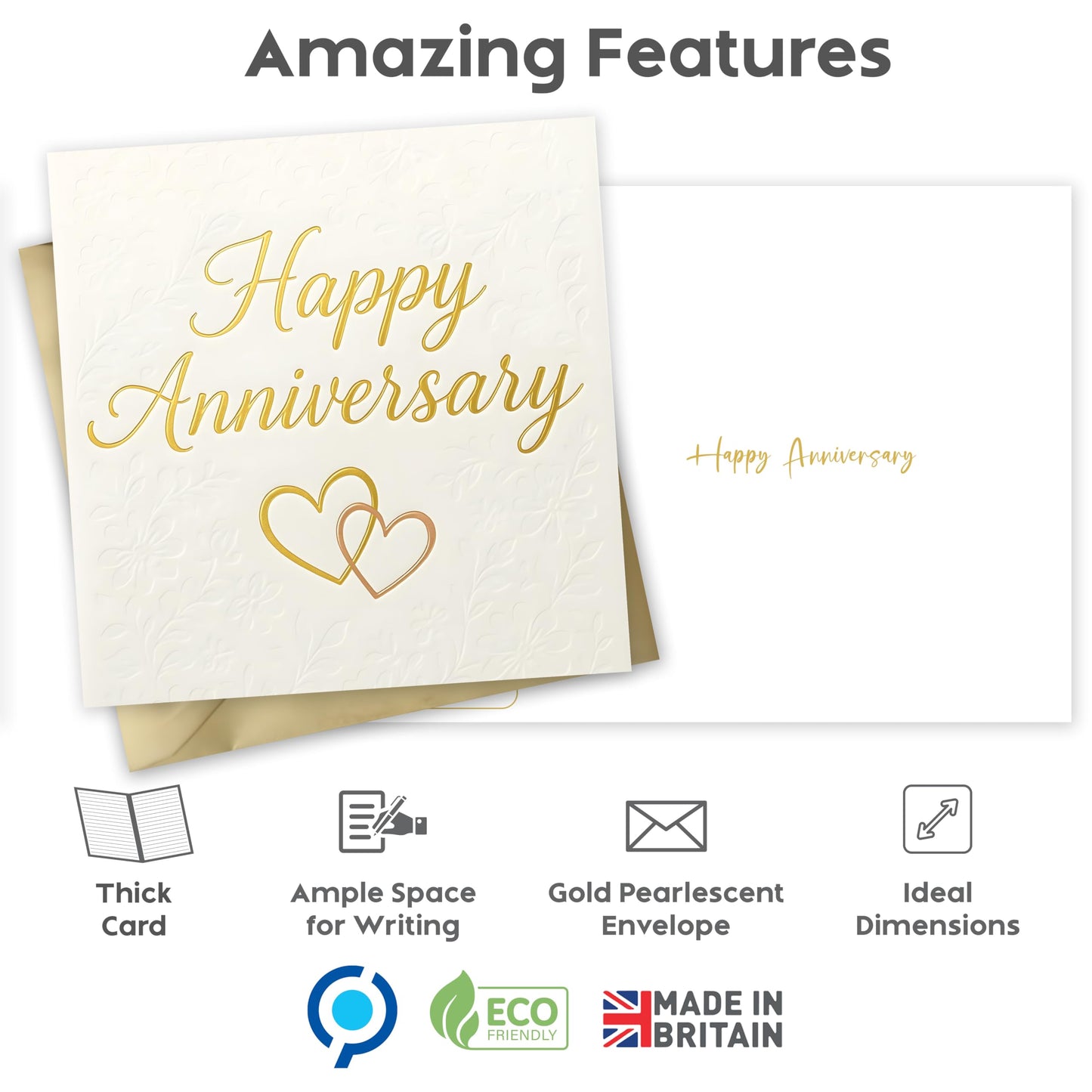 Happy Anniversary Card – Gold Foil Embossed Design with Sticker – Wedding Anniversary Card for Husband, Wife, Him, Her, Mum, Dad & Couples – 15x15 cm – Made in the UK