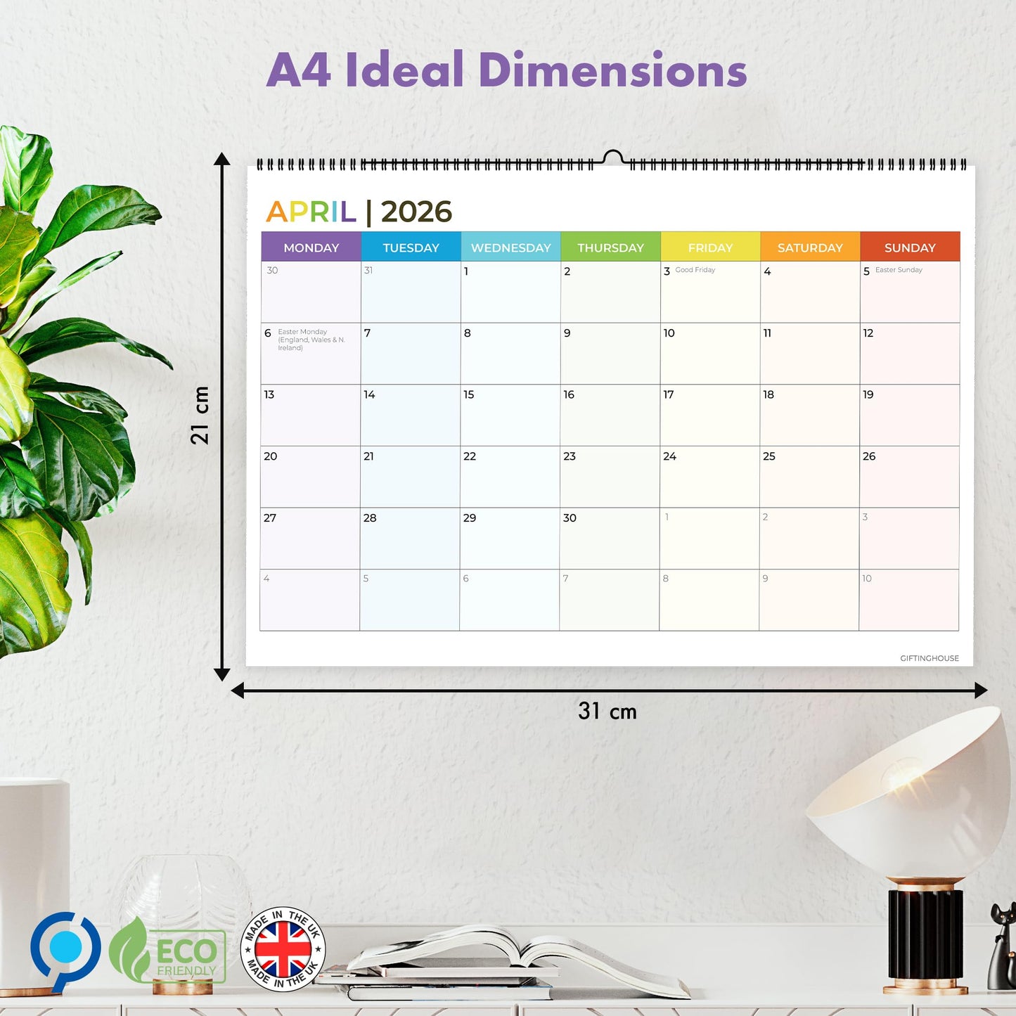 18 Month Calendar 2025-2026 – A4 Wall Calendar UK (29.7 x 21 cm) – From July 2025 to December 2026 – Month-to-View Planner with Blank Notes Pages for Each Month – Ideal for Family, Office, Students